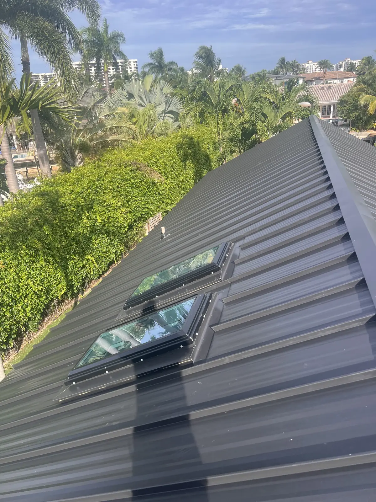 Close view of standing-seam panels and skylight flashing