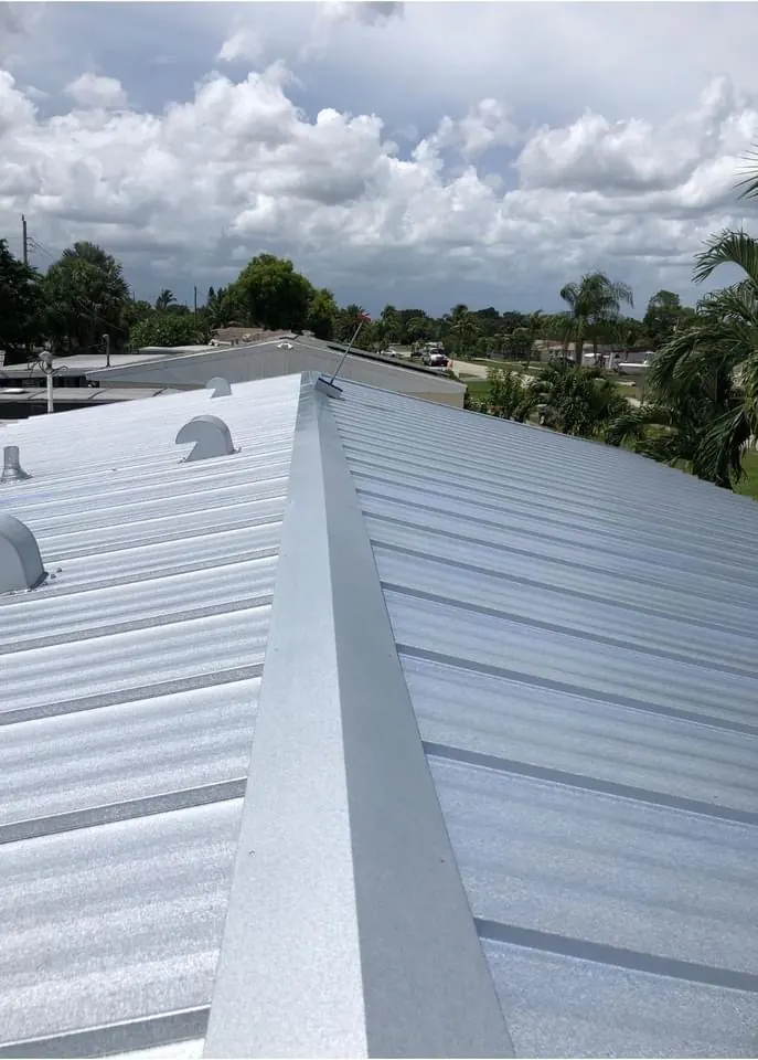 Close view of a white metal roof ridge, fasteners, and panel seams
